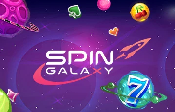 Spin Galaxy Casino logo among planets, sweets and a lucky 7